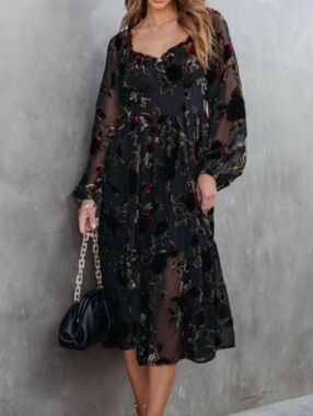 VICI Never Forget Me Burnout Floral Midi Dress in Black with Red Accents